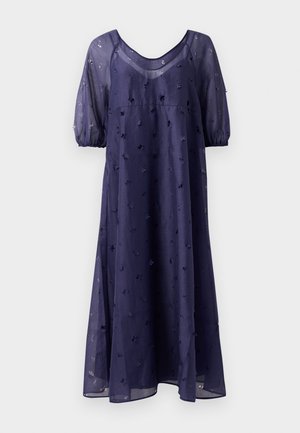Navy blue knee-length dress made of sheer fabric with a relaxed fit, featuring puff sleeves and floral embroidery throughout.