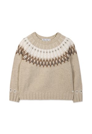 Beżowy sweter dziergany na drutach z okrągłym dekoltem i wielokolorowym geometrycznym wzorem w białym, brązowym i szarym kolorze wokół karczku i mankietów.