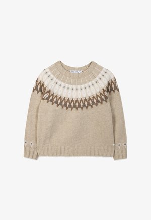 Beige strikket sweater med rund halsudskæring og et multifarvet geometrisk mønster i hvid, brun og grå omkring bærestykket og manchetterne.