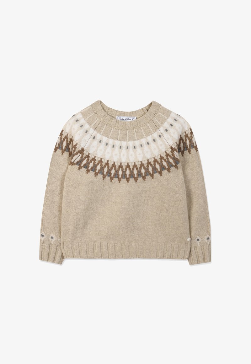 Pull beige en maille avec un col rond et un motif géométrique multicolore en blanc, marron et gris autour de l'empiècement et des poignets.
