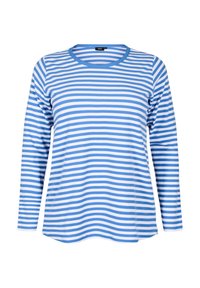 Blå och vit randig långärmad skjorta med rundad halsringning och avslappnad passform. Tillverkad av ribbat tyg, med jämna horisontella ränder.