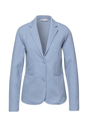 Lichtblauw getextureerd colbert met twee knopen aan de voorkant, inkeping in het revers, lange mouwen en twee schuine voorzakken.