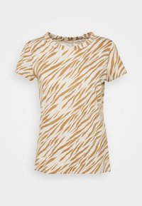 Kortärmad t-shirt i krämfärg med brun tigerstripemönster, rund halsringning och mjuk tygstruktur.
