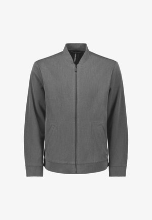 Graue Bomberjacke mit vollem Frontreißverschluss, Stehkragen, seitlichen Taschen und einer strukturierten Stoffoptik. Einfaches, modernes Design.