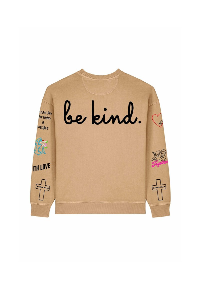 Felpa beige con collo rotondo, scritta "be kind" in nero, accenti grafici colorati e messaggi stampati sulle maniche. Design morbido e casual.