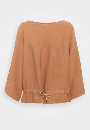 Long-sleeve camel brown sweater with a boat neckline and adjustable drawstring tie at the hem, displayed on a plain background.