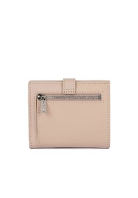 Light pink leather wallet with a zippered pocket on the front, featuring stitched accents and a snap closure at the top.