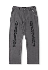 Gray plaid trousers with black text detail along the sides, featuring a chain accent on the waistband. Straight-leg design, textured fabric.