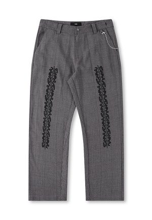 Gray plaid trousers with black text detail along the sides, featuring a chain accent on the waistband. Straight-leg design, textured fabric.