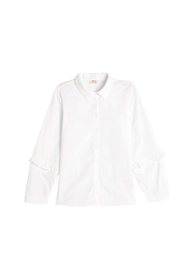 Blusa bianca a maniche lunghe con colletto, chiusura a bottoni e dettagli arricciati sulle maniche. Realizzata in tessuto morbido con una vestibilità classica.