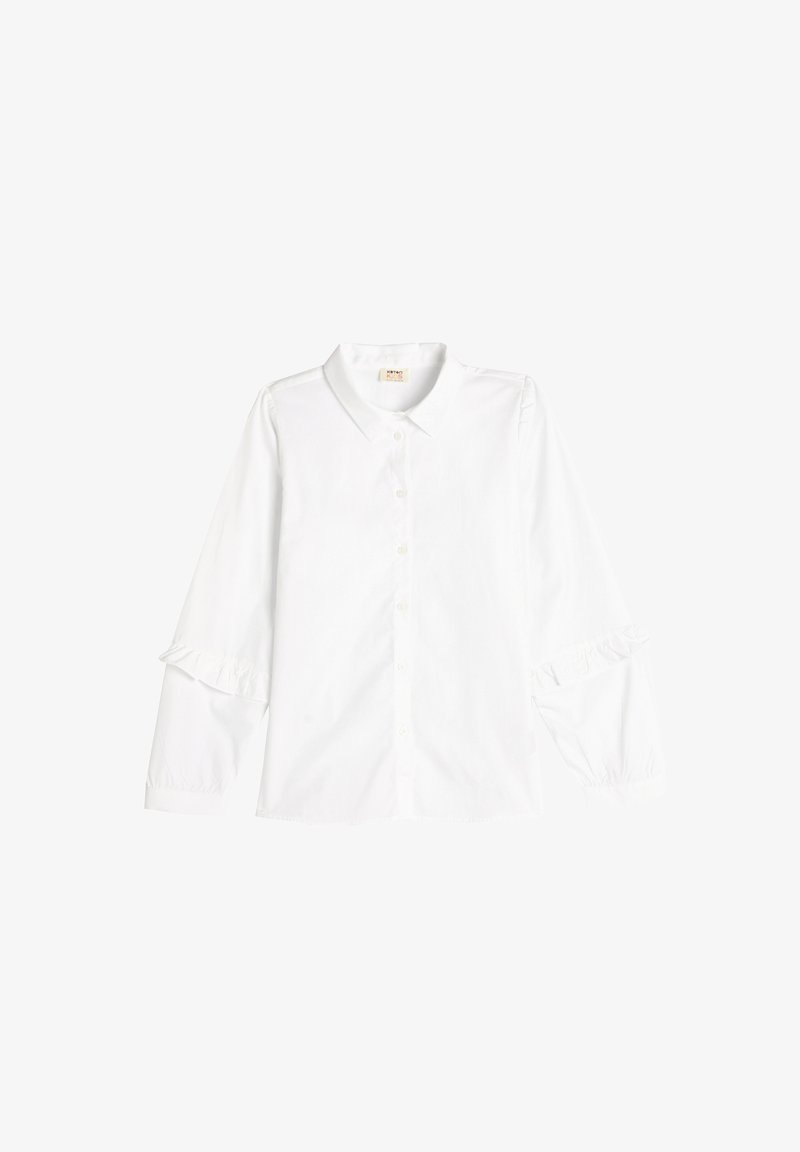 Witte blouse met lange mouwen, kraag, knoopsluiting en enkele rimpelaccenten op de mouwen. Gemaakt van gladde stof met een klassieke pasvorm.