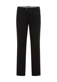 Pantaloni neri realizzati in tessuto morbido, caratterizzati da un design classico a gamba dritta, tasche frontali e una chiusura con bottone singolo in vita.