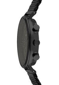 Orologio cronografo nero con cassa rotonda, bracciale in rete nera testurizzata, due pulsanti e un quadrante nero minimalista con marcature sottili.