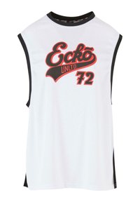 Maillot de sport sans manches blanc avec bordure noire et logo rouge et noir "Ecko UNLTD. 72" à l'avant.