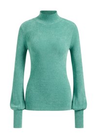 Myntgrön ribbad tröja med hög krage och långa, puffiga ärmar. Har snugga handledsmuddar och en mjuk, texturerad yta.