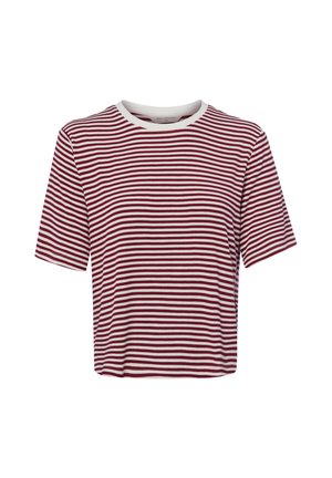 Kurzärmliges Rundhals-Shirt mit engen horizontalen roten und weißen Streifen und einem weißen Kragen auf einfarbigem Hintergrund.