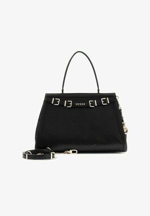 Sac à main Guess noir texturé avec poignée supérieure, quatre boucles argentées et bandoulière amovible sur fond blanc.