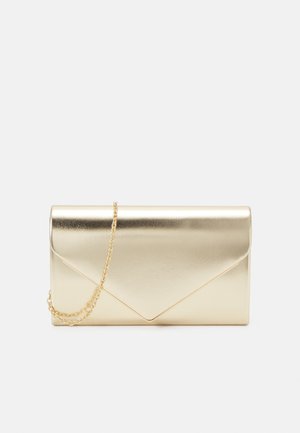 Metallic gold clutch bag with a sleek, rectangular shape, featuring an envelope design and a detachable gold chain strap.