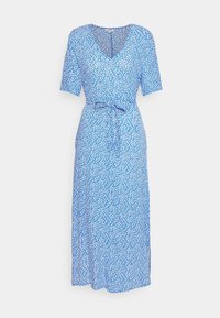 Blaues floral gemustertes Wickelkleid mit kurzen Ärmeln, V-Ausschnitt, gebundenem Taillengurt und fließender Silhouette. Verfügt über ein kleines, weißes Blumenmuster überall.