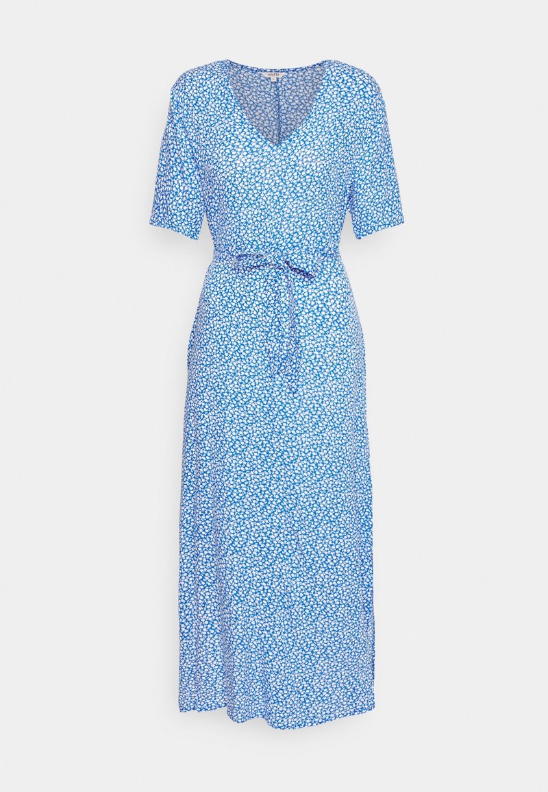 Blaues floral gemustertes Wickelkleid mit kurzen Ärmeln, V-Ausschnitt, gebundenem Taillengurt und fließender Silhouette. Verfügt über ein kleines, weißes Blumenmuster überall.