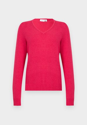 V-Ausschnitt Pullover in leuchtendem Pink, gefertigt aus weichem Material. Lange Ärmel mit gerippten Bündchen und Saum für eine figurbetonte Passform. Minimalistisches Design.