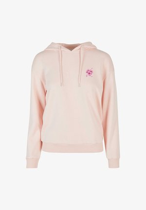 Różowa bluza z kapturem wykonana z miękkiej tkaniny, z przednią kieszenią, długimi rękawami i kwiatowym wzorem na lewej piersi. Regulowany kaptur z sznurkiem.