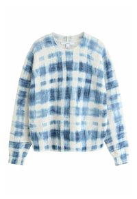 Un pull en tartan bleu et blanc fait de tissu doux, avec un col rond, des manches longues et des bords ribbés au niveau des poignets et de l'ourlet.