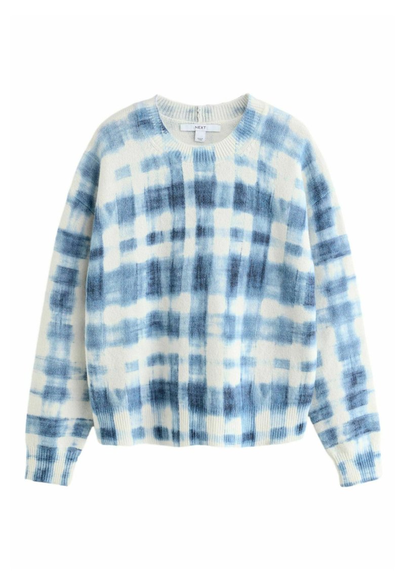 Un pull en tartan bleu et blanc fait de tissu doux, avec un col rond, des manches longues et des bords ribbés au niveau des poignets et de l'ourlet.