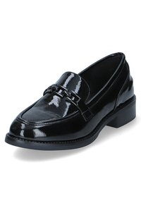 Black patent leather loafer with a rounded toe and low block heel. Features a decorative strap across the vamp with a chain detail.