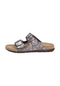 Metallic silver slide sandal with two adjustable straps, textured surface, and tan cushioned footbed. Rubber sole for traction.