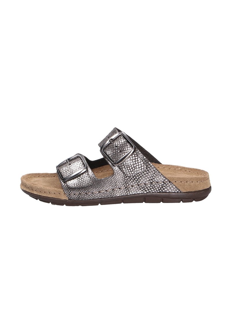 Metallic silver slide sandal with two adjustable straps, textured surface, and tan cushioned footbed. Rubber sole for traction.