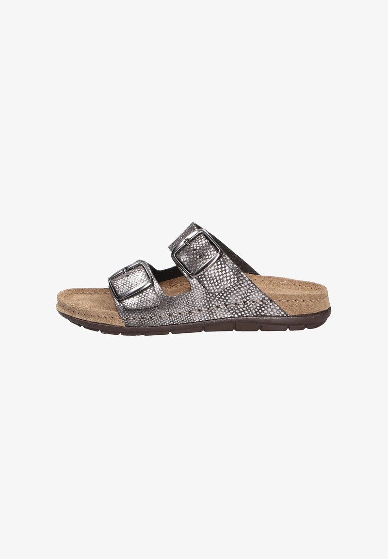 Metallic silver slide sandal with two adjustable straps, textured surface, and tan cushioned footbed. Rubber sole for traction.