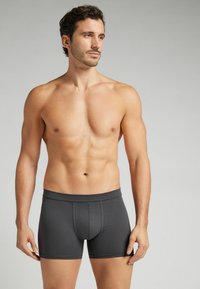 Grijze aansluitende boxershorts met een gladde textuur, elastische tailleband en stiksels langs de randen, gedragen door een model met een getraind lichaam.