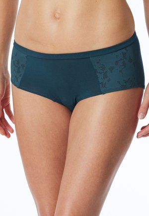 Teal hipster briefs featuring a smooth fabric with a textured floral pattern on the sides. Offers a modern fit and clean design.