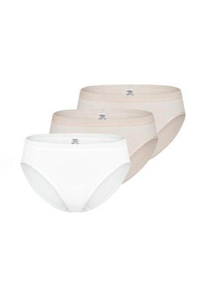 Three women’s cotton brief-style underwear in white and two shades of beige, displayed side by side on a white background.