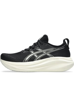 Chaussure de course athlétique noire avec semelle blanche et logo ASICS blanc sur le côté, avec lacets et languette au talon.