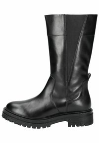 Botte noire en cuir jusqu'au genou avec des panneaux latéraux élastiques, bout rond et semelle en caoutchouc épaisse avec un motif texturé pour plus d'adhérence.