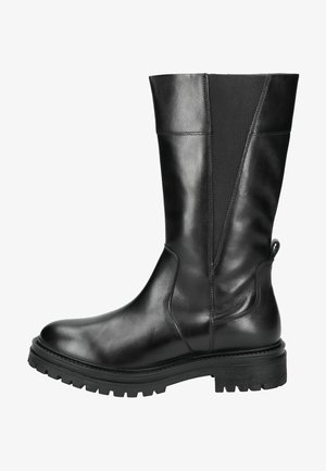 Zwarte leren kniehoog laars met elastische zijpanelen, ronde neus en stevige rubberen zool met een gestructureerd profiel voor grip.