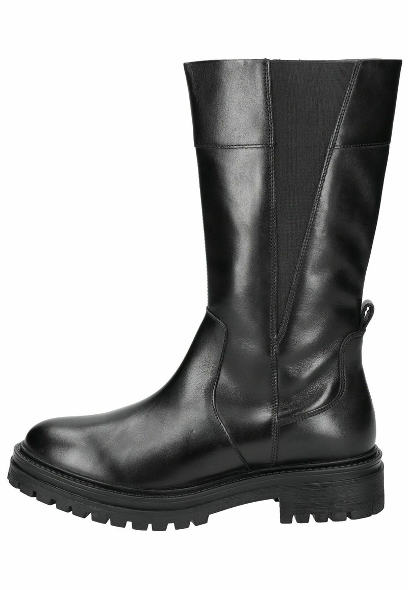 Botte noire en cuir jusqu'au genou avec des panneaux latéraux élastiques, bout rond et semelle en caoutchouc épaisse avec un motif texturé pour plus d'adhérence.