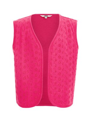 Fuchsia vest with a sleeveless design, featuring an embroidered floral pattern and a smooth, textured fabric. Open front style.
