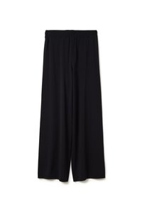 Pantalon large noir en tissu doux, avec une taille élastique et une coupe ample et confortable, adapté pour une tenue décontractée.