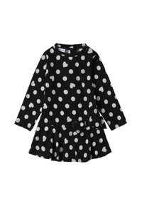 Czarna sukienka z długim rękawem, w białe kropki i wzory serc, z rozkloszowaną spódnicą i kokardą w talii.