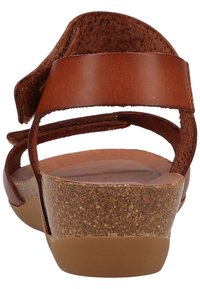 Hnědé kožené sandály s korkovou platformou, s nastavitelnými popruhy a hladkým povrchem. Zadní pohled zdůrazňuje design popruhů.