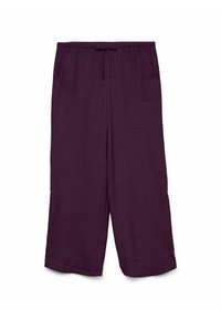 Purple wide-leg pants made of textured fabric, featuring an elastic waistband, drawstring, and two front pockets.