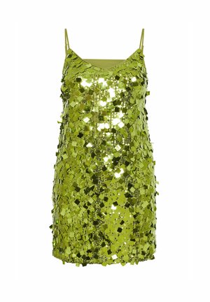 Zielona mini sukienka z cekinami, z regulowanymi cienkimi ramiączkami, z dekoltem w kształcie litery V i błyszczącymi kwadratowymi cekinami pokrywającymi całą powierzchnię.