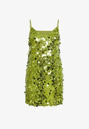 Zielona mini sukienka z cekinami, z regulowanymi cienkimi ramiączkami, z dekoltem w kształcie litery V i błyszczącymi kwadratowymi cekinami pokrywającymi całą powierzchnię.