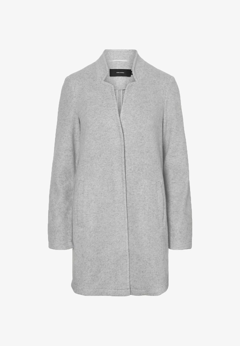 Manteau long en mélange de laine gris clair avec un col sans col, fermeture frontale dissimulée et poches latérales.