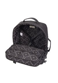 Black backpack with a smooth exterior and padded interior. Features logo-patterned fabric lining and adjustable straps inside. Zip closure.