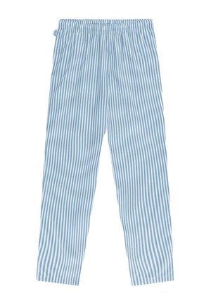 Striped pants featuring light blue and white vertical lines, designed with an elastic waistband for comfort.