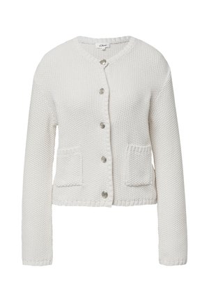 Cardigan tricoté blanc avec des manches longues, un col rond, cinq boutons de fermeture et deux poches plaquées ; tissu texturé et ourlet côtelé.